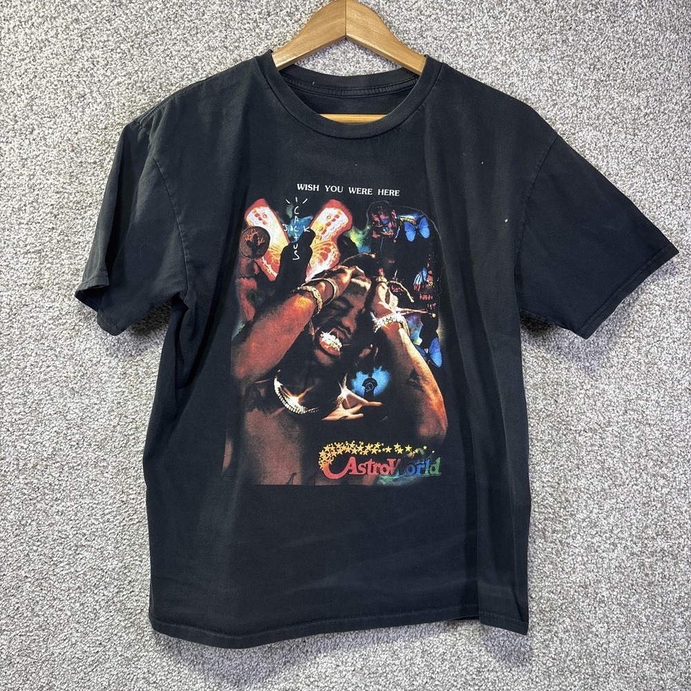 Astroworld Shirt Mens Medium Black Wish You Were Here Cactus Jack Graphic‎ Tee